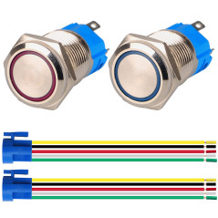 GUUZI 2 pièces Bouton Poussoir Momentané 1NO1NC Coque en Acier Inoxydable Etanche 220V-230V/5A Anneau LED Bouton Lumineux avec P