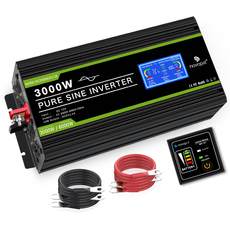 NOVOPAL Convertisseur Pur Sinus 3000W- Onduleur Convertisseur 12V 220V 230V avec télécommande et Dual AC Prises et écran LCD,pou NOVOPAL Convertisseur Pur Sinus 3000W- Onduleur Convertisseur 12V 220V 230V avec télécommande et Dual AC Prises et écran LCD,pou