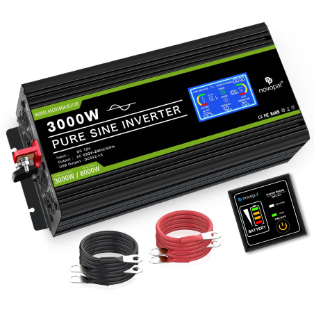 NOVOPAL Convertisseur Pur Sinus 3000W- Onduleur Convertisseur 12V 220V 230V avec télécommande et Dual AC Prises et écran LCD,pou
