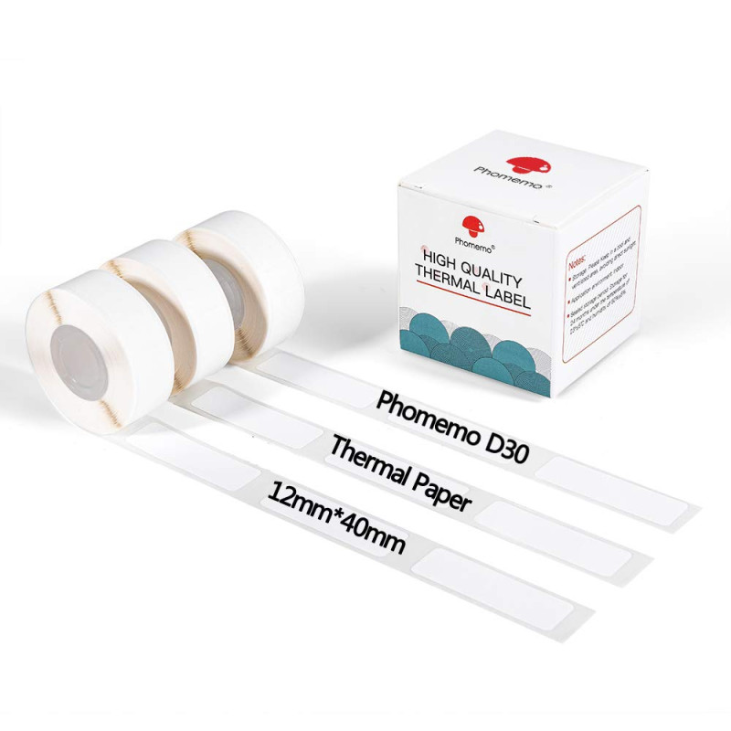 Phomemo D30 D30Pro Lot de 3 rouleaux imperméables - 12 x 40 mm - Papier autocollant blanc pour imprimante thermique portable Phomemo D30 D30Pro Lot de 3 rouleaux imperméables - 12 x 40 mm - Papier autocollant blanc pour imprimante thermique portable