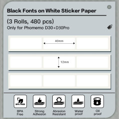 Phomemo D30 D30Pro Lot de 3 rouleaux imperméables - 12 x 40 mm - Papier autocollant blanc pour imprimante thermique portable