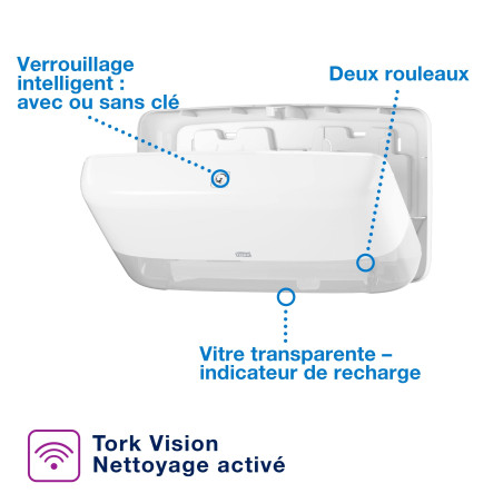 Tork Distributeur murale double pour papier toilette rouleau Mini Jumbo blanc T2, fermé, gamme Élevation, 555500