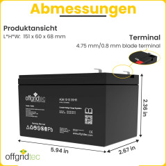 Offgridtec AGM Batterie solaire extrêmement zyklenfest 12 Ah 20 stünde 12 V, 2–01–001985