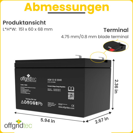 Offgridtec AGM Batterie solaire extrêmement zyklenfest 12 Ah 20 stünde 12 V, 2–01–001985