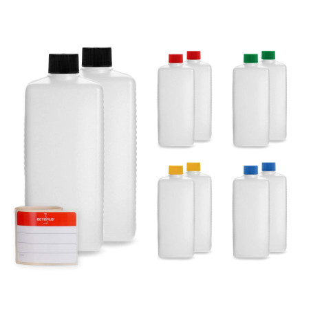 Octopus 10x 500 ML Bouteilles en Plastique HDPE avec Bouchons à vis colorés, Bouteilles carrées vides avec étiquettes