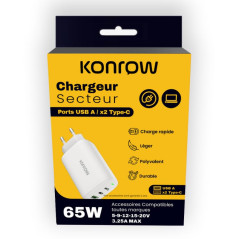 Konrow KC65ACCW - Adaptateur Secteur 3 Ports (1 Port Type A & 2 Ports Type C) Charge rapide 65W - Blanc (Blister)