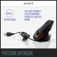 Ewent Souris Ergonomique - Poignée Verticale - Connecteur USB - Équipée d'un capteur Optique 1000dpi
