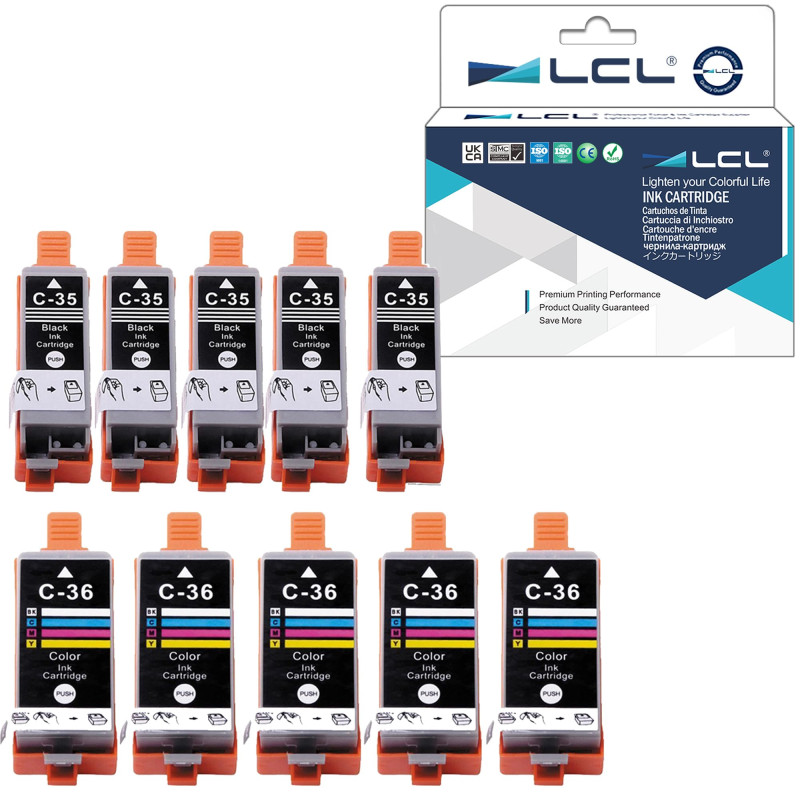 LCL Cartouche d'encre Compatible PGI-35 PGI35 CLI-36 CLI36 1509B002 1511B002 (5 Noir 5 Couleur) Remplacement pour Canon PIXMA IP