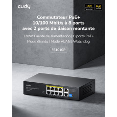 Cudy FS1010P Commutateur PoE+ 8 Ports avec 2 Ports Uplink 120 W, Mode étendue/VLAN, 802.3af/at, Fanless, Plug and Play