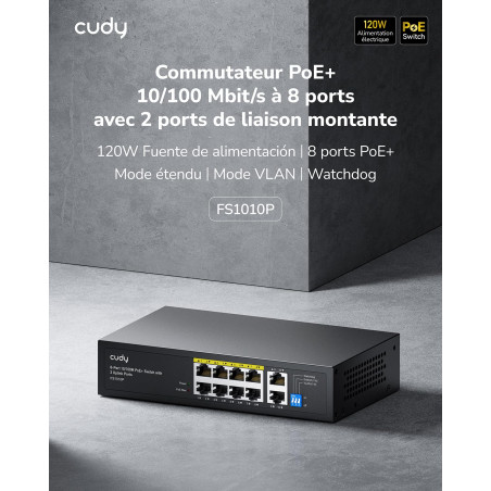 Cudy FS1010P Commutateur PoE+ 8 Ports avec 2 Ports Uplink 120 W, Mode étendue/VLAN, 802.3af/at, Fanless, Plug and Play
