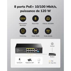 Cudy FS1010P Commutateur PoE+ 8 Ports avec 2 Ports Uplink 120 W, Mode étendue/VLAN, 802.3af/at, Fanless, Plug and Play