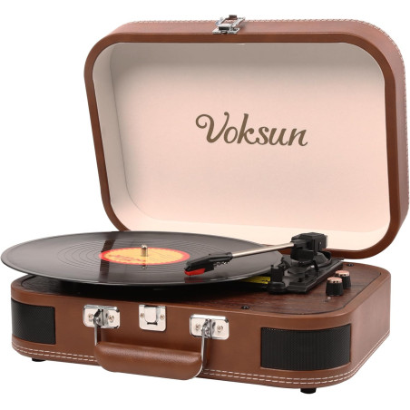 Platine Vinyle, VOKSUN Bluetooth in/Out Portable Vintage Turntable with Built-in Speakers, 3 Speed Belt-Driven USB Suititcase Vi