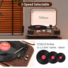 Platine Vinyle, VOKSUN Bluetooth in/Out Portable Vintage Turntable with Built-in Speakers, 3 Speed Belt-Driven USB Suititcase Vi
