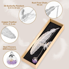 DERAYEE 2pcs Marque-page Plume en Métal Papillon et Fleur Sèche Éternelle Perles de Verre Pendentif Cadeau pour Étudiant Lecteur