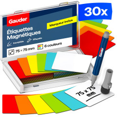 GAUDER Étiquettes Magnétiques Inscriptibles | (75 x 75 mm) Cartes Magnétiques Effaçables | Pour Tableaux Kanban et Blanc