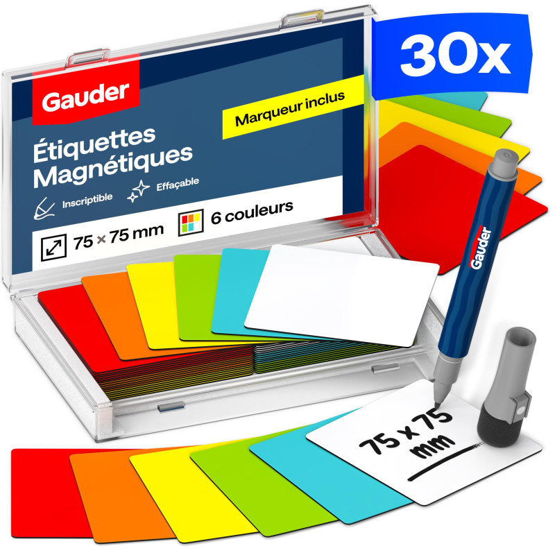 GAUDER Étiquettes Magnétiques Inscriptibles | (75 x 75 mm) Cartes Magnétiques Effaçables | Pour Tableaux Kanban et Blanc GAUDER Étiquettes Magnétiques Inscriptibles | (75 x 75 mm) Cartes Magnétiques Effaçables | Pour Tableaux Kanban et Blanc