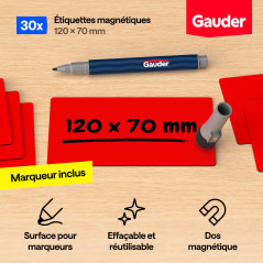 GAUDER Étiquettes Magnétiques Inscriptibles | (120 x 70 mm) Cartes Magnétiques Effaçables | Pour Tableaux Kanban et Blanc