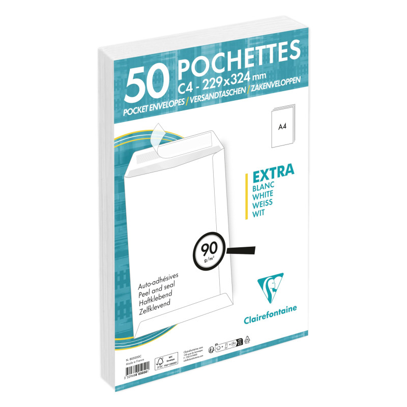 Clairefontaine 805050C - Paquet de 50 Pochettes Blanches C4-229x324 mm - Auto-Adhésives - 90g/m²