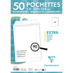 Clairefontaine 805050C - Paquet de 50 Pochettes Blanches C4-229x324 mm - Auto-Adhésives - 90g/m²