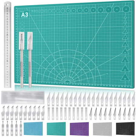Miuzei Tapis de Découpe Autocicatrisant A3 avec 55 Couteaux de Bricolage et Règle en Acier Couteau à Main Tapis de Bricolage Aut