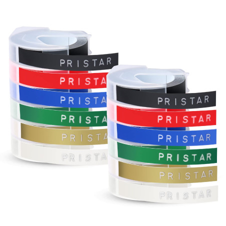 Pristar 12x 9mm 3D Ruban Compatible Étiquette pour Dynmo 3D Embossing Plastique Auto-Adhésif pour Dynmo Maxi 1755 Omega Junior E