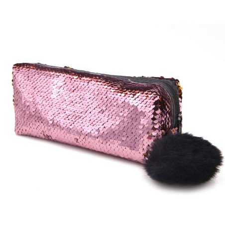 Grande Trousse à Paillettes Arc-en-Ciel réversible pour l'école et Le Maquillage, Rose + doré, Moderne