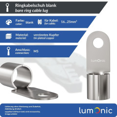 Lumonic 25x cosses à sertir nues 16-25mm² I cosses à sertir M5 non isolées I cosses M5, cosse tubulaire 16mm2 25mm2 œillets annu
