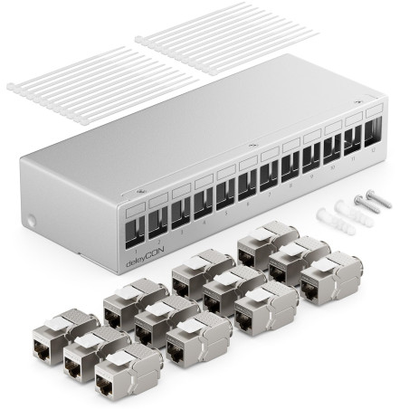 deleyCON Panneau de Brassage 12 Ports Kit Panneau de Distribution 1U + 12x RJ45 Modules Keystone Jack STP CAT6a Compatibles avec