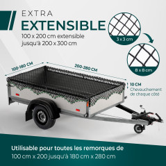 CargoVA - Filet Extensible pour remorque 1,5x2,2 jusqu'à 2,5x3,5M - Filet élastique Noir avec Corde élastique et marquage des Co