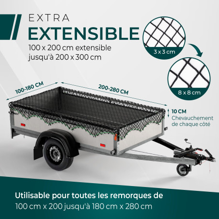 CargoVA - Filet Extensible pour remorque 1,5x2,2 jusqu'à 2,5x3,5M - Filet élastique Noir avec Corde élastique et marquage des Co