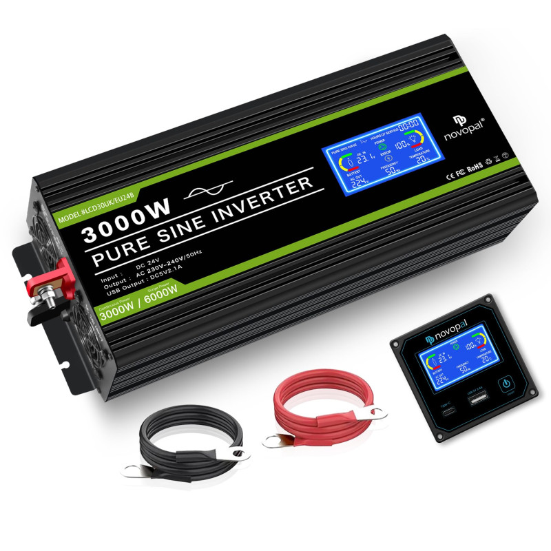 NOVOPAL Convertisseur Pur Sinus 3000W- Onduleur Convertisseur 24V 220V 230V avec télécommande et Dual AC Prises et écran LCD,pou NOVOPAL Convertisseur Pur Sinus 3000W- Onduleur Convertisseur 24V 220V 230V avec télécommande et Dual AC Prises et écran LCD,pou