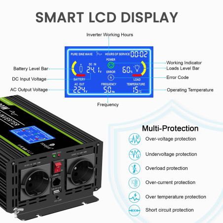 NOVOPAL Convertisseur Pur Sinus 3000W- Onduleur Convertisseur 24V 220V 230V avec télécommande et Dual AC Prises et écran LCD,pou