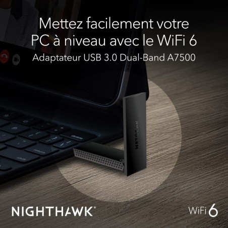 NETGEAR Adaptateur USB 3.0 WiFi 6 (A7500) -Clé WiFi 6 Gigabit Dual-Band AX1800 (jusqu'à 1,8 Gbit/s) - Fonctionne avec Tout Appar