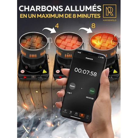 Allume charbon chicha M. ROSENFELD FIRE Tower 3.0 avec câble de 150 cm, Allume charbon electrique panier à charbon amovible et 2
