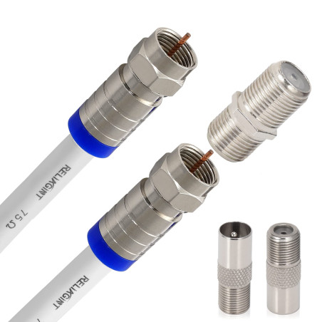 RELIAGINT Câble coaxial TV RG6 1m – 75 Ohm, câble antenne TV et satellite avec connecteurs F et coupleur F81 pour rallonge, cuiv