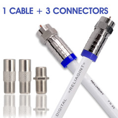 RELIAGINT Câble coaxial TV RG6 1m – 75 Ohm, câble antenne TV et satellite avec connecteurs F et coupleur F81 pour rallonge, cuiv