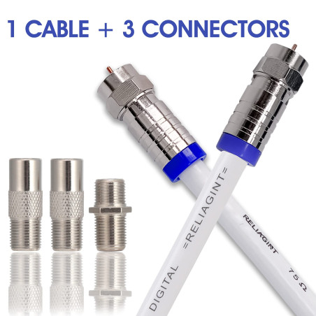 RELIAGINT Câble coaxial TV RG6 1m – 75 Ohm, câble antenne TV et satellite avec connecteurs F et coupleur F81 pour rallonge, cuiv