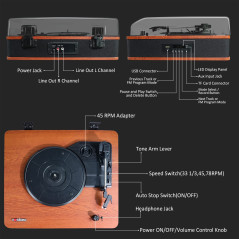 VOSTERIO Platine Vinyle Tourne Disque Bluetooth avec Haut-parleurs Stéréo, Rétro Lecteur Vinyles à 3 Vitesses, avec Encodage sur