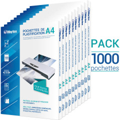 1000 Pochettes de plastification A4 2x75 Microns par face soit 150 Microns finition brillante