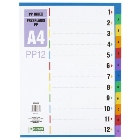 D.RECT Intercalaires A4 PP12-12 intercalaires à anneaux - Chiffres 1-12 - Multicolores - Séparateur de couleur en polypropylène