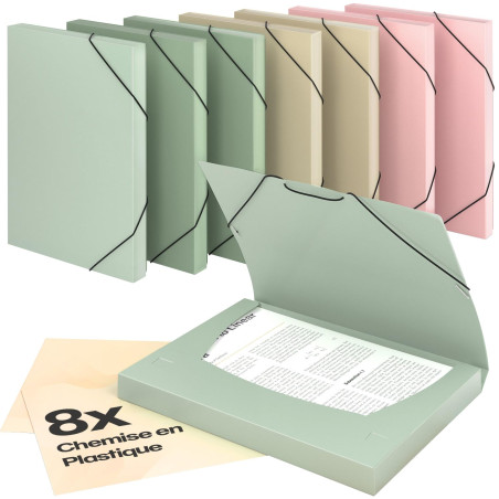 ACROPAQ - 8 x Chemise à Élastiques A4 - Jusqu'à 250 pages, Dos de 3 cm, Fermeture Élastique, Terre, Collection de Couleurs Natur