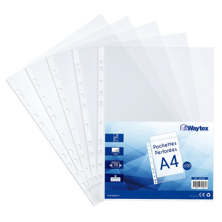 Waytex 931307 Pochettes Perforées A4 Transparentes Lisses 70 microns - Paquet de 100