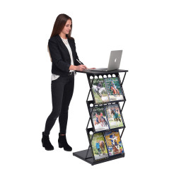 DISPLAY SALES - Présentoir Porte-brochures Noir avec Plateau en Bois | Porte-brochure Pliable en métal avec 6 Compartiments de R