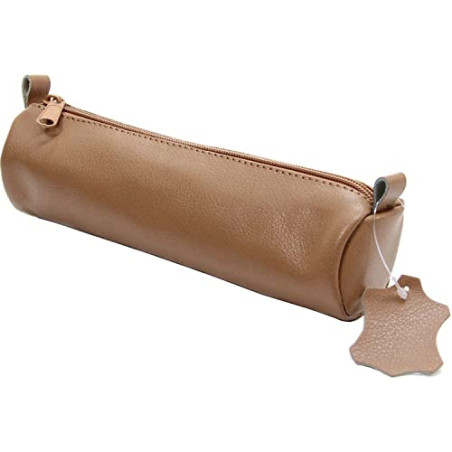 ALASSIO Trousse Ronde en Cuir véritable Diam 60mm x 210 mm Beige Nature