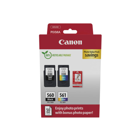 Canon PG-560 CL-561 Pack de 2 cartouches (1x Noir 1x Couleur) Certifié Canon + 50 feuilles Papier Photo Canon 10x15cm (Emballage