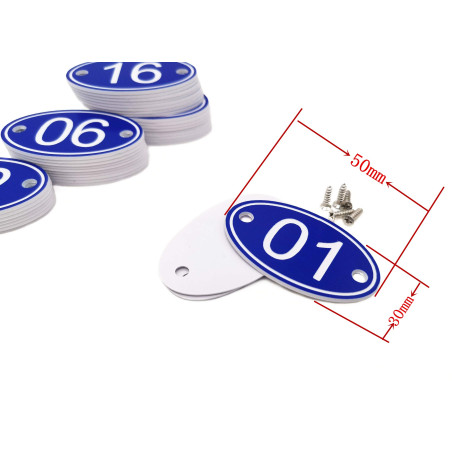 Numéros de table ovales gravés en ABS 30 mm x 50 mm Bleu 1 à 50