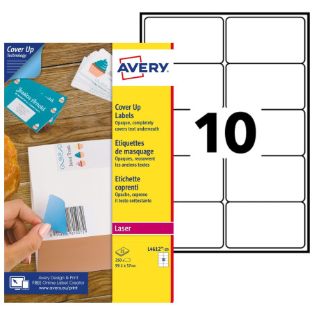 AVERY - 250 Étiquettes de Masquage ou Correction Blanches Personnalisables - Format 99,1 x 57 mm - Impression Laser et Jet d’Enc