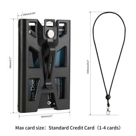 Porte-badge en plastique rigide, avec lanière et clip en métal - 4 emplacements pour cartes