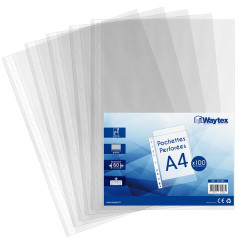 Waytex 931305 Pochettes Perforées A4 Transparentes Grainées 60 microns - Paquet de 100