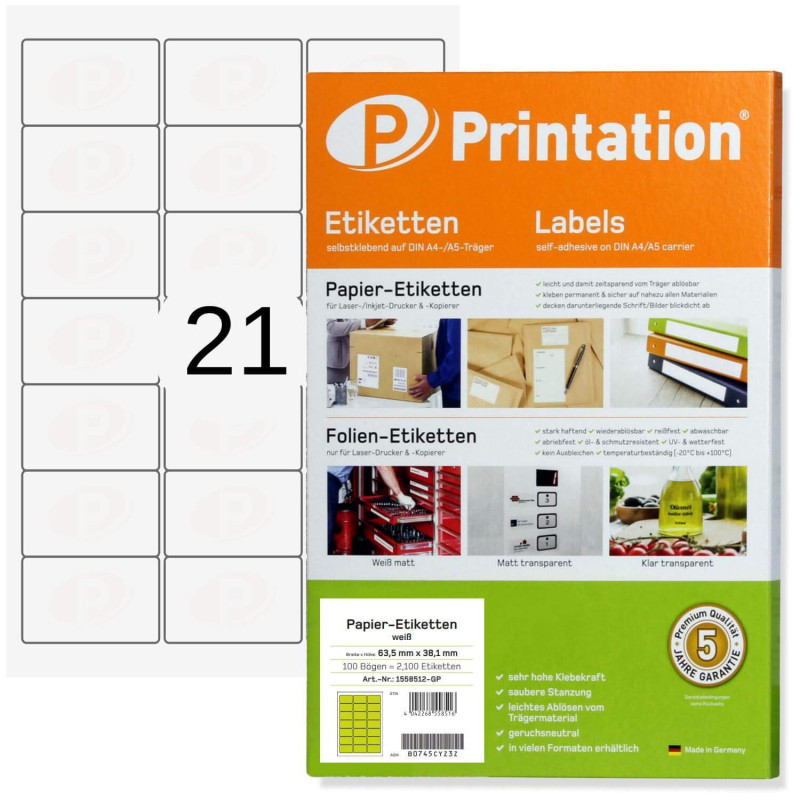 Printation Étiquettes d'adresse universelles 63,5 x 38,1 mm pour enveloppes C6, autocollantes, 2100 63,5x38,1 sur 100 feuilles b Printation Étiquettes d'adresse universelles 63,5 x 38,1 mm pour enveloppes C6, autocollantes, 2100 63,5x38,1 sur 100 feuilles b